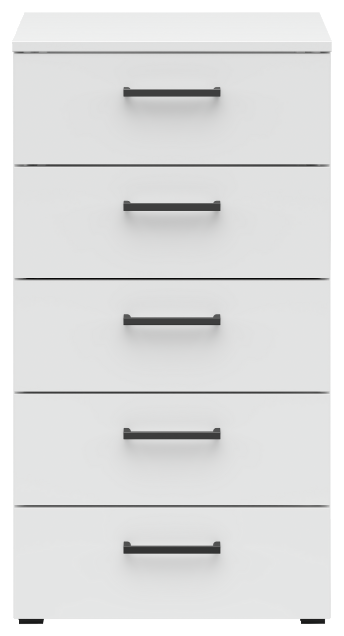 Weiße Kommode mit fünf Schubladen und schwarzen Griffen, Frontalansicht
