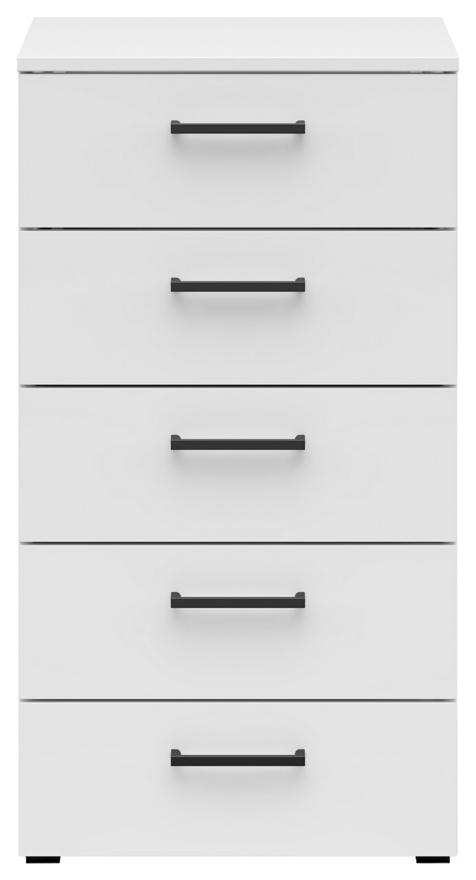 Weiße Kommode mit fünf Schubladen und schwarzen Griffen, Frontalansicht
