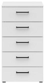 Weiße Kommode mit fünf Schubladen und schwarzen Griffen, Frontalansicht