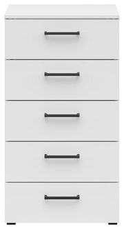 Weiße Kommode mit fünf Schubladen und schwarzen Griffen, Frontalansicht