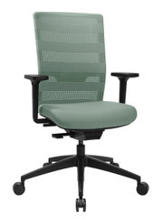 Moderner Bürostuhl mit grünem Netzrücken und gepolstertem Sitz, seitliche Ansicht