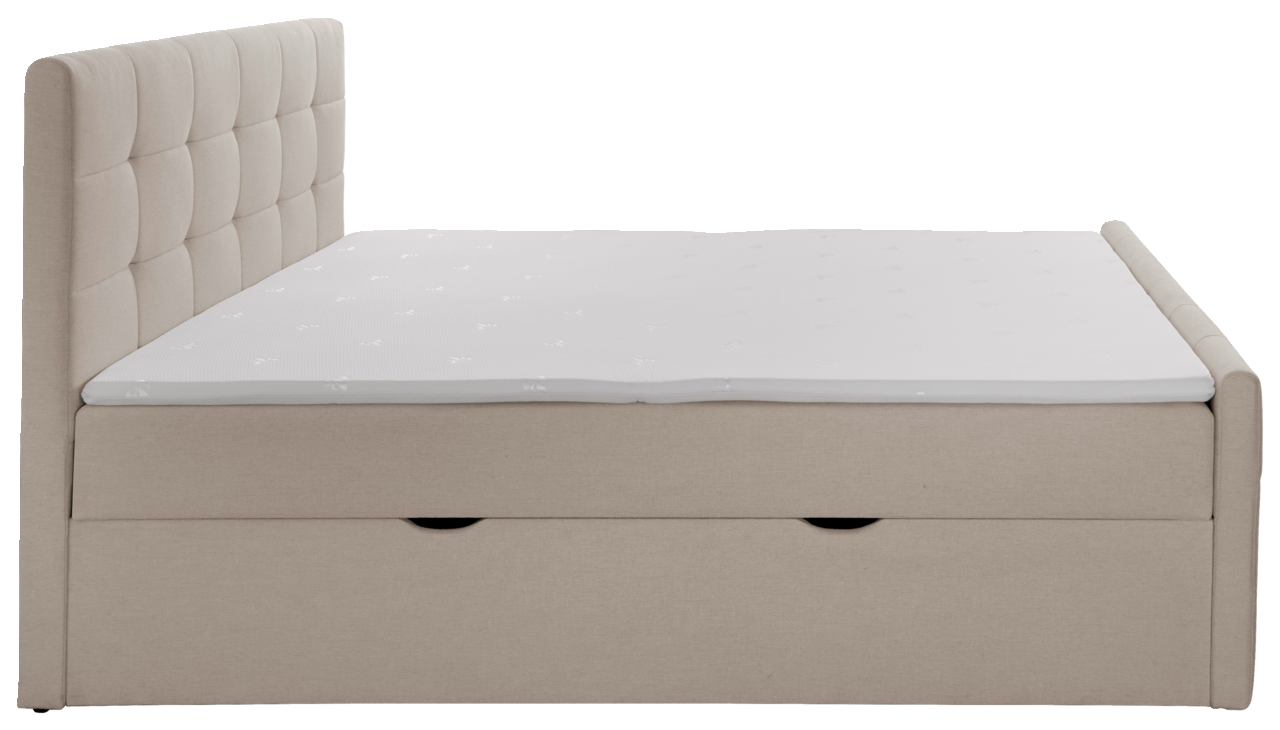 Seitenansicht eines beige Boxbetts mit gepolstertem Kopfteil und Stauraum.