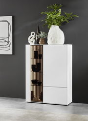 Modernes Highboard mit Glas links, dekoriert mit Pflanzen und Skulpturen, aus frontaler Perspektive.