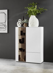 Modern hoogkast met glas aan de linkerkant, versierd met planten en beeldjes, gezien van voren.
