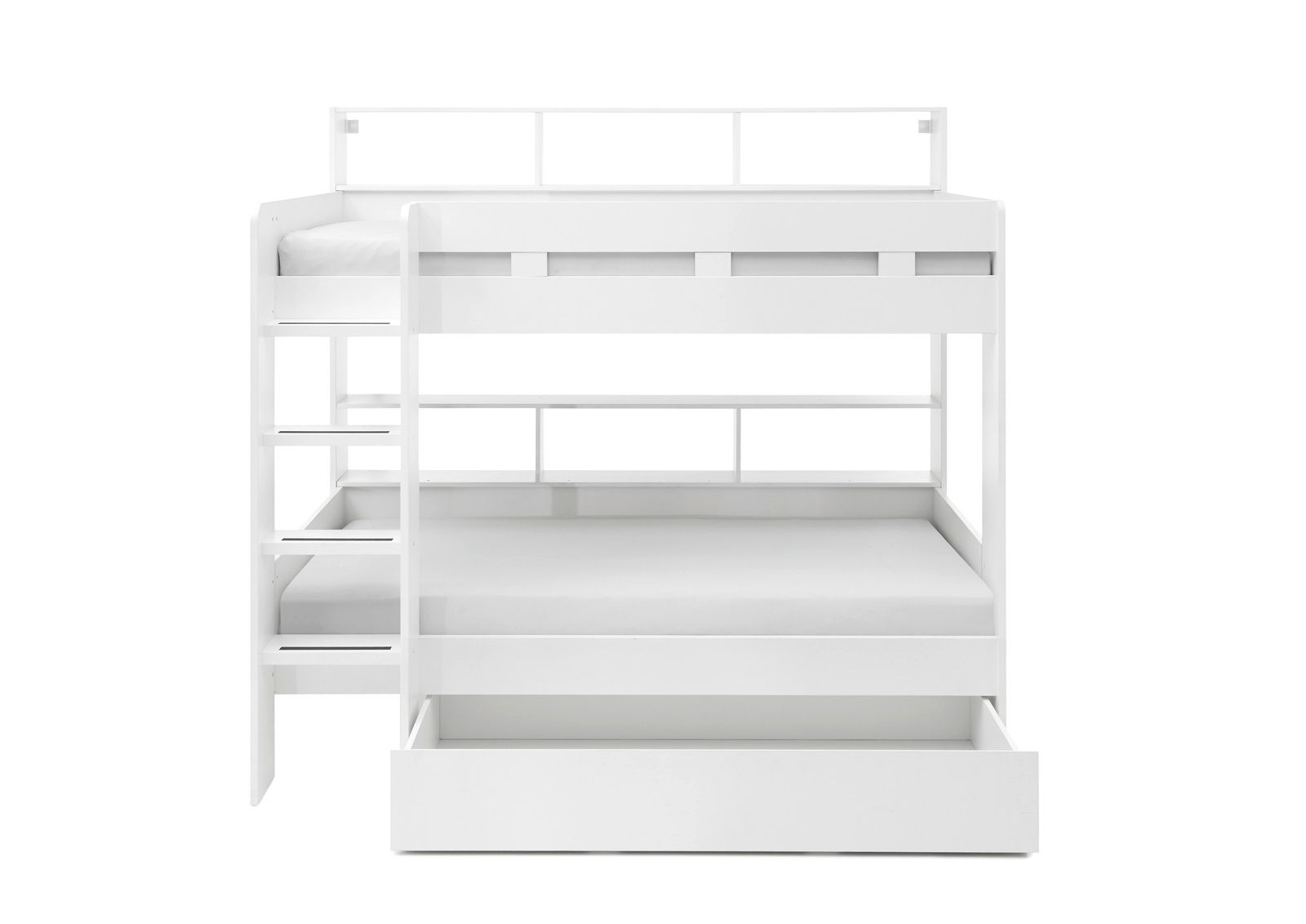 Weißes Etagenbett mit Leiter und Schublade, Frontalansicht