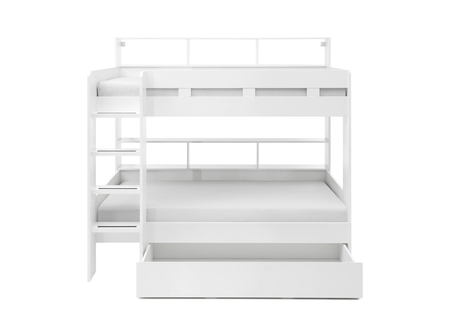Wit stapelbed met ladder en lade, vooraanzicht