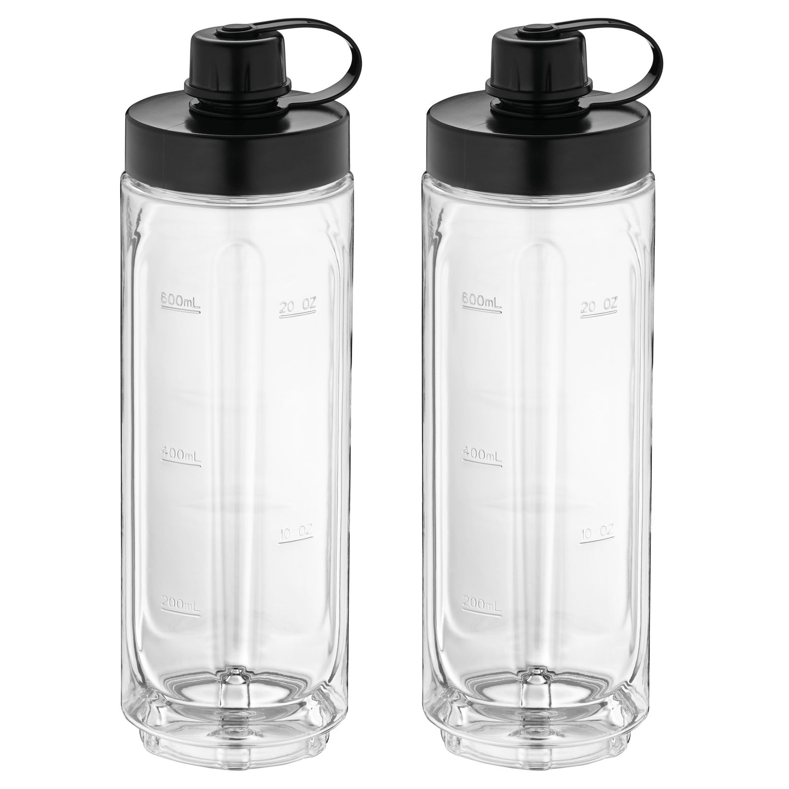 Zwei transparente Smoothie-to-go-Flaschen mit schwarzen Deckeln, frontal abgebildet.