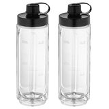 Zwei transparente Smoothie-to-go-Flaschen mit schwarzen Deckeln, frontal abgebildet.