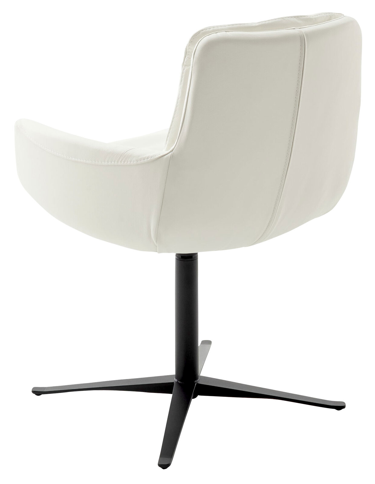 Rückansicht eines modernen Armlehnstuhls mit schwarzem Metallfuß und hellem Polster.