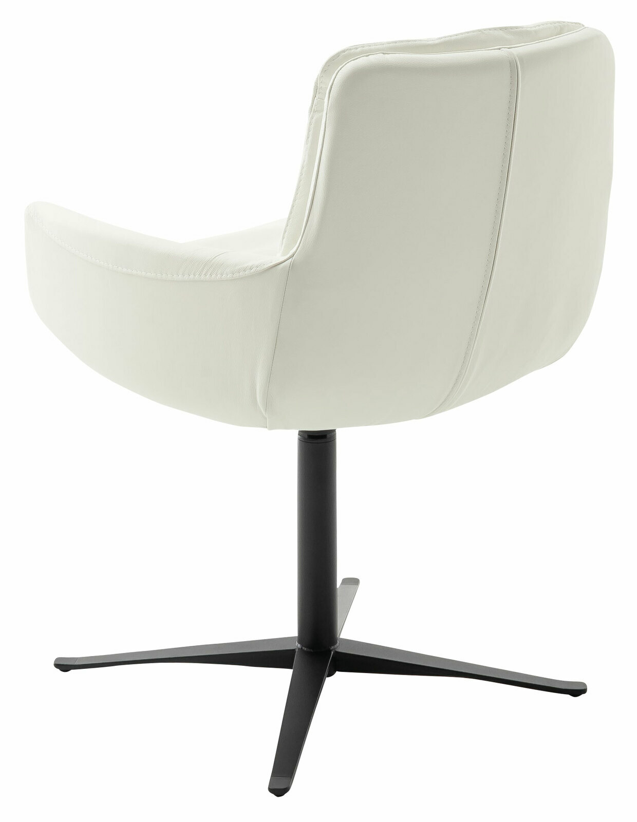 Rückansicht eines modernen Armlehnstuhls mit schwarzem Metallfuß und hellem Polster.