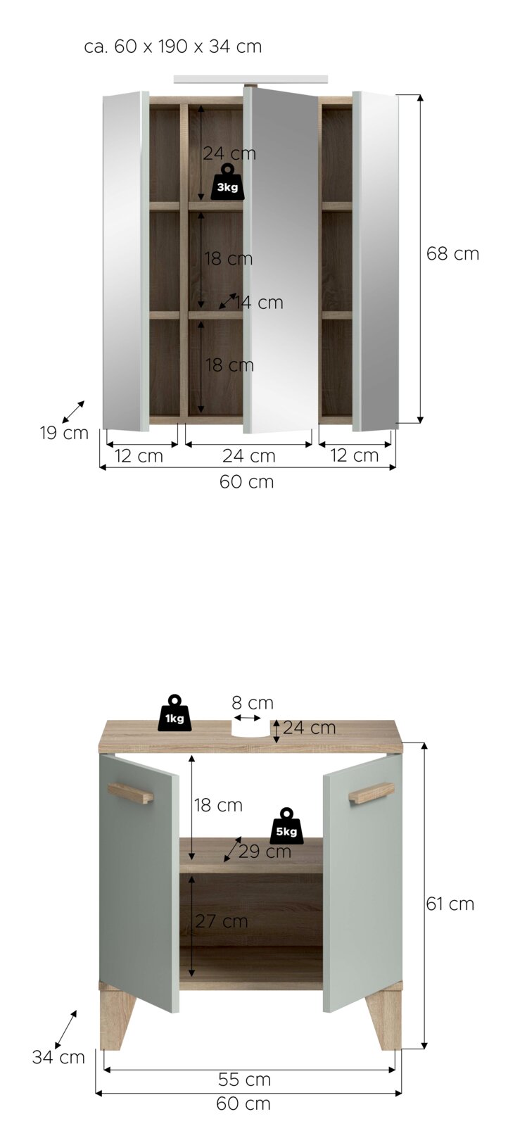 Zweiteiliges Badmöbel-Set: Spiegelschrank und Unterschrank in Grau mit Holzoptik, Türen geöffnet und Maße eingezeichnet, Ansicht frontal/leicht perspektivisch von vorn