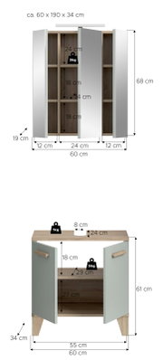 Zweiteiliges Badmöbel-Set: Spiegelschrank und Unterschrank in Grau mit Holzoptik, Türen geöffnet und Maße eingezeichnet, Ansicht frontal/leicht perspektivisch von vorn