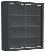 Dunkelgrauer Hängeschrank mit zwei Glasschiebetüren und innenliegenden Regalböden, schräg von vorne links in leichter Aufsicht dargestellt.