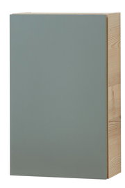 Moderner Hängeschrank mit grauer Front und Holzseiten, Frontalansicht