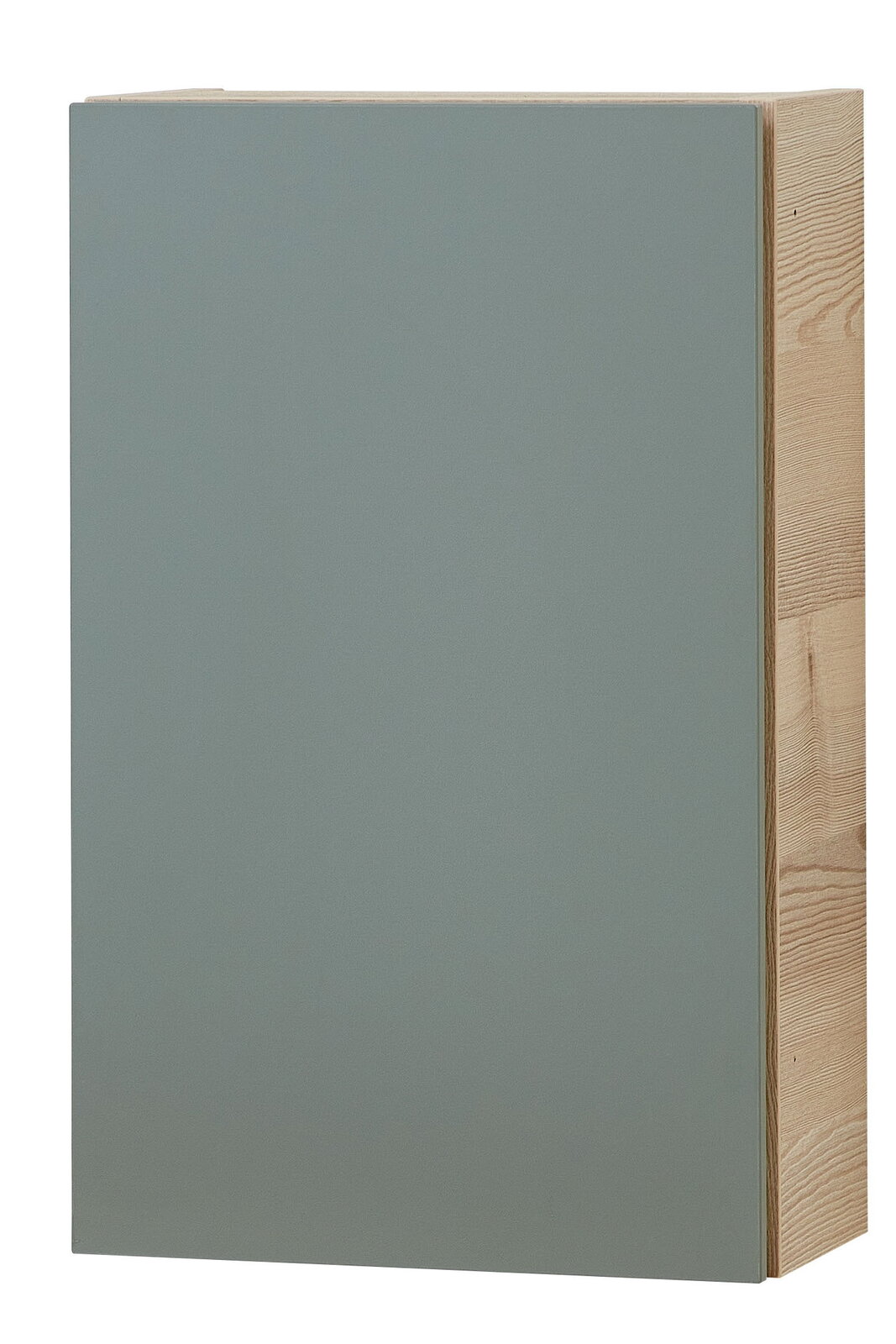 Moderner Hängeschrank mit grauer Front und Holzseiten, Frontalansicht