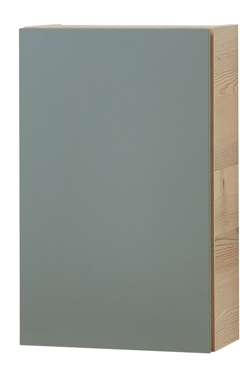 Moderner Hängeschrank mit grauer Front und Holzseiten, Frontalansicht