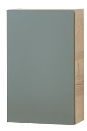 Moderner Hängeschrank mit grauer Front und Holzseiten, Frontalansicht