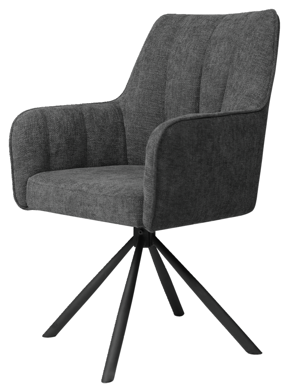 Grauer Armlehnstuhl mit gepolstertem Sitz und Rückenlehne, auf schwarzem Metallgestell, seitliche Perspektive