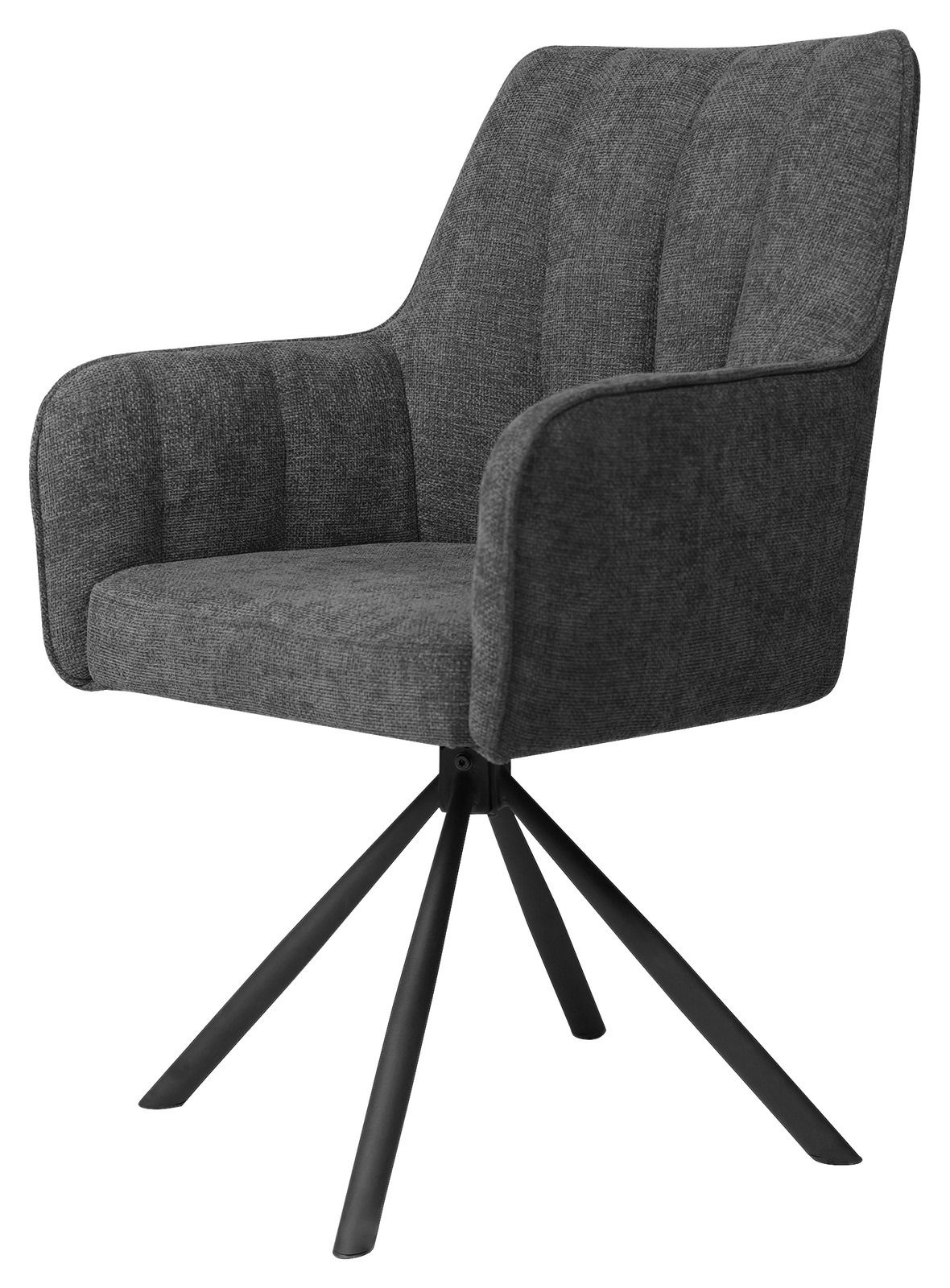 Grauer Armlehnstuhl mit gepolstertem Sitz und Rückenlehne, auf schwarzem Metallgestell, seitliche Perspektive