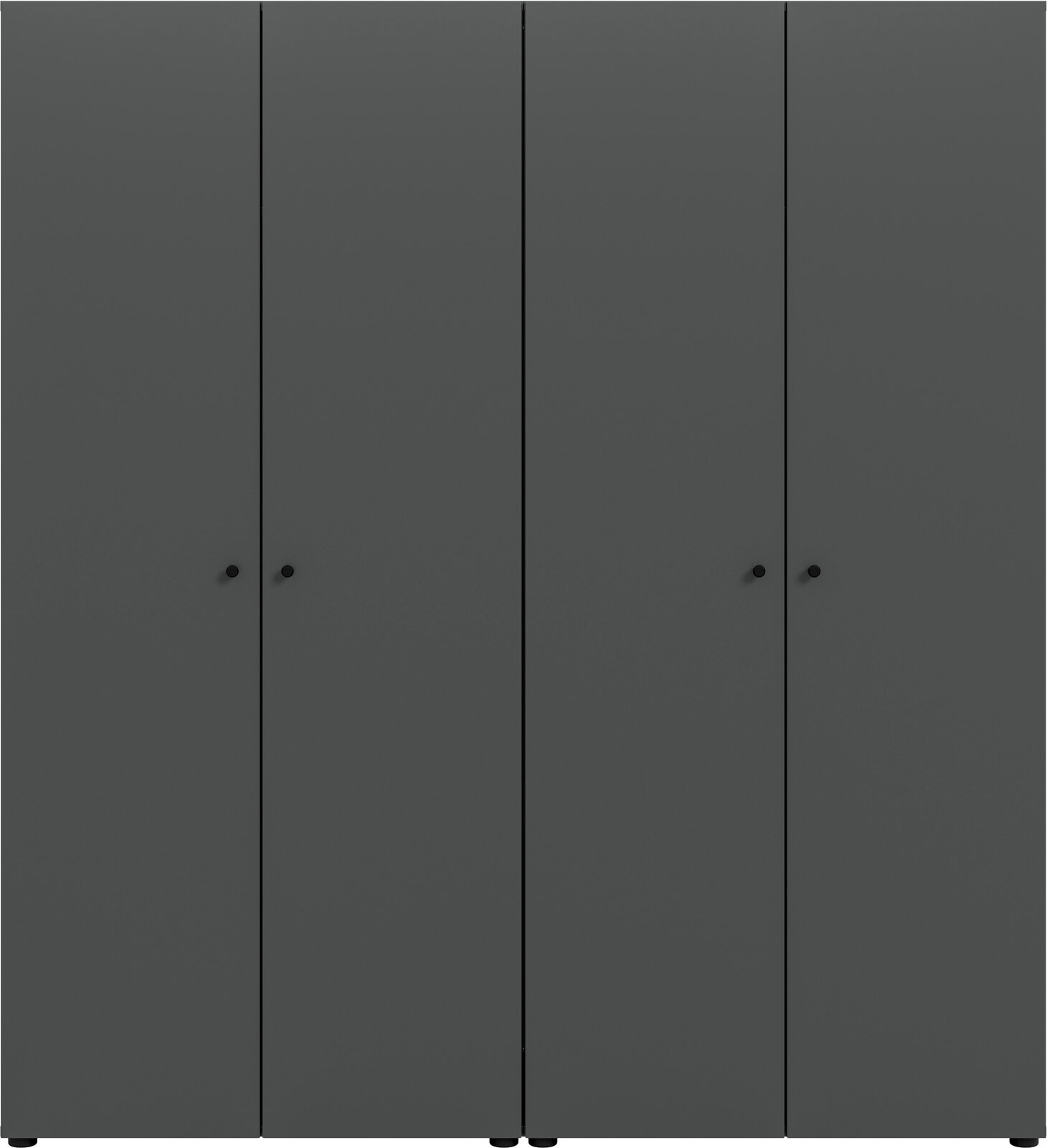 Dunkelgrauer, minimalistischer Kleiderschrank mit vier Türen und runden Griffen, frontale Ansicht.