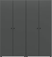Dunkelgrauer, minimalistischer Kleiderschrank mit vier Türen und runden Griffen, frontale Ansicht.