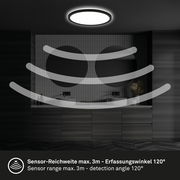 LED-Deckenleuchte mit Bewegungssensor, Ansicht von unten, Sensor-Reichweite max. 3m, Erfassungswinkel 120 Grad
