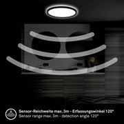 LED-Deckenleuchte mit Bewegungssensor, Ansicht von unten, Sensor-Reichweite max. 3m, Erfassungswinkel 120 Grad