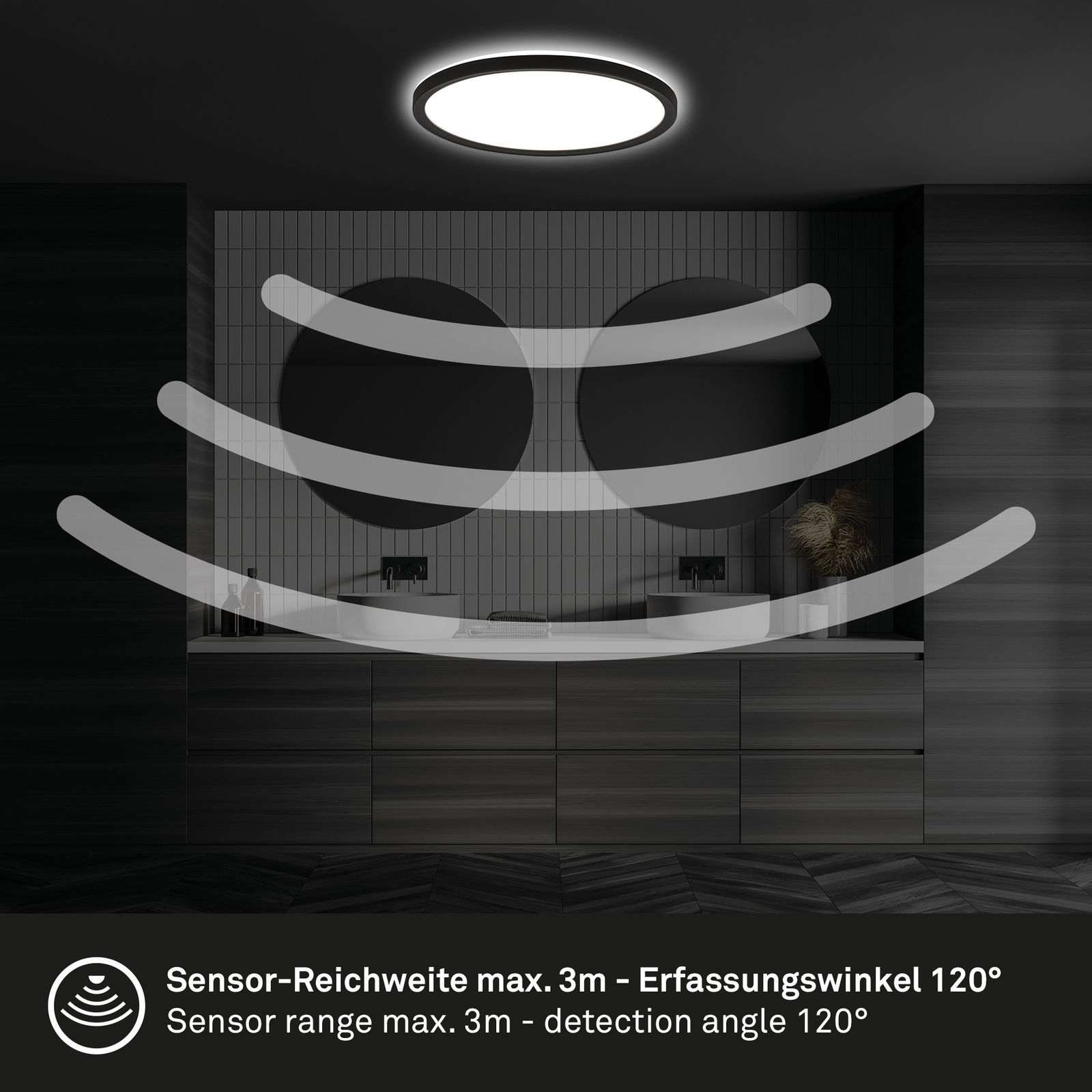 LED-Deckenleuchte mit Bewegungssensor, Ansicht von unten, Sensor-Reichweite max. 3m, Erfassungswinkel 120 Grad
