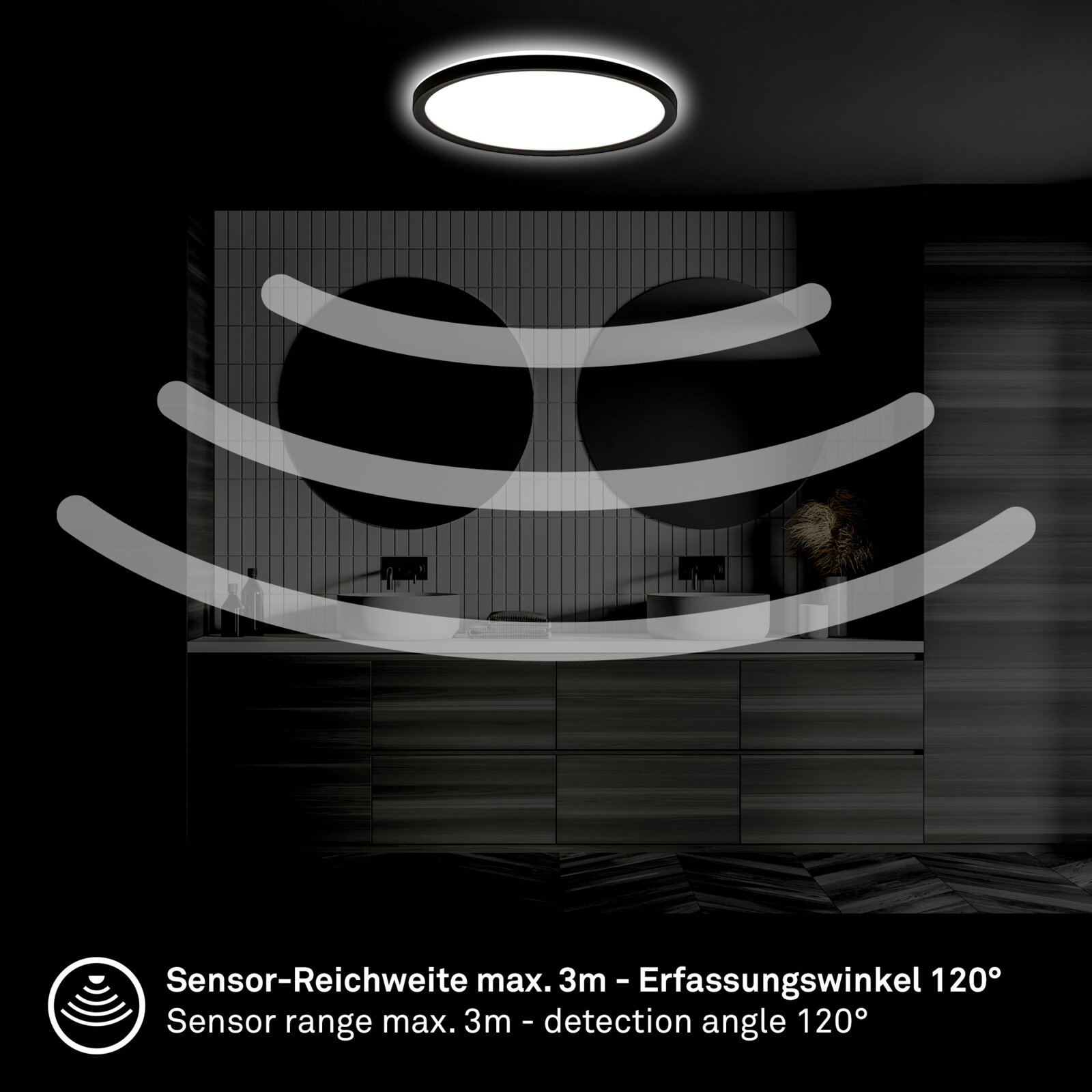 LED-plafondlamp met bewegingssensor, aanzicht van onderaf, bereik van de sensor max. 3 m, detectiehoek 120 graden