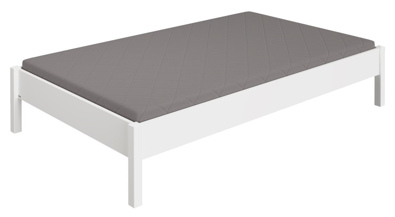 Studioliege mit weißem Rahmen und grauer Matratze, seitliche Perspektive