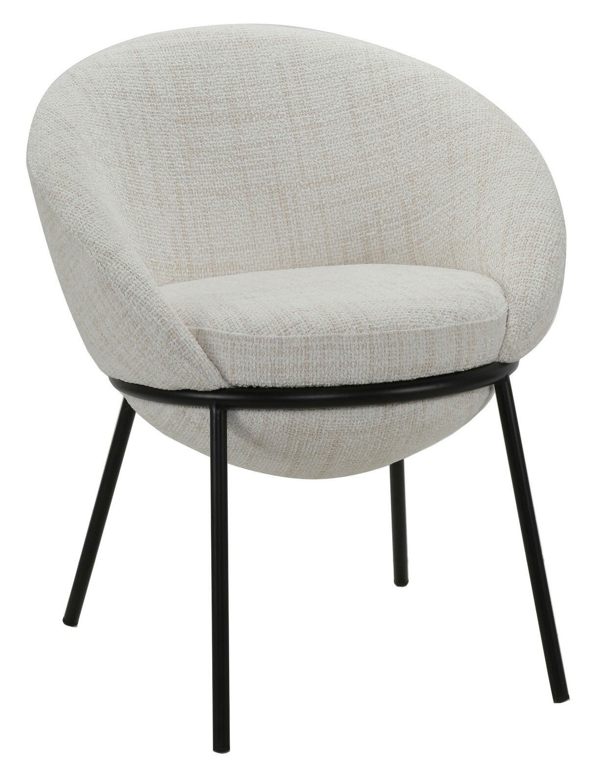 Moderner, cremefarbener Stuhl mit runder Rückenlehne und schwarzen Metallbeinen, seitliche Perspektive