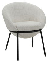 Moderner, cremefarbener Stuhl mit runder Rückenlehne und schwarzen Metallbeinen, seitliche Perspektive