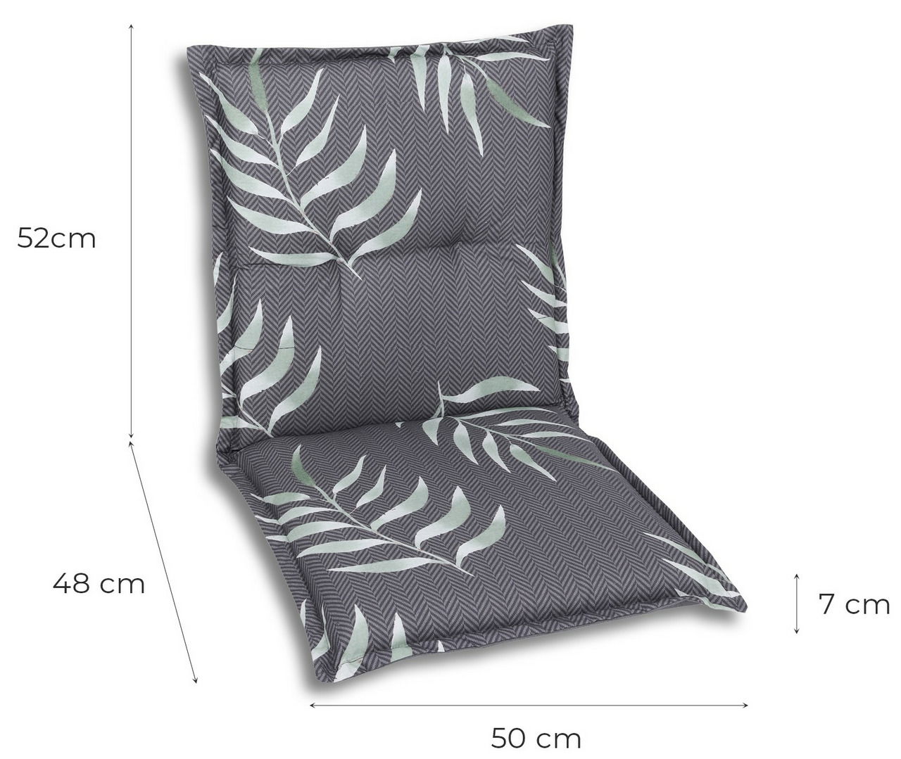 Niederlehnerauflage mit grauem Hintergrund und weißen Blattmustern, seitliche Perspektive