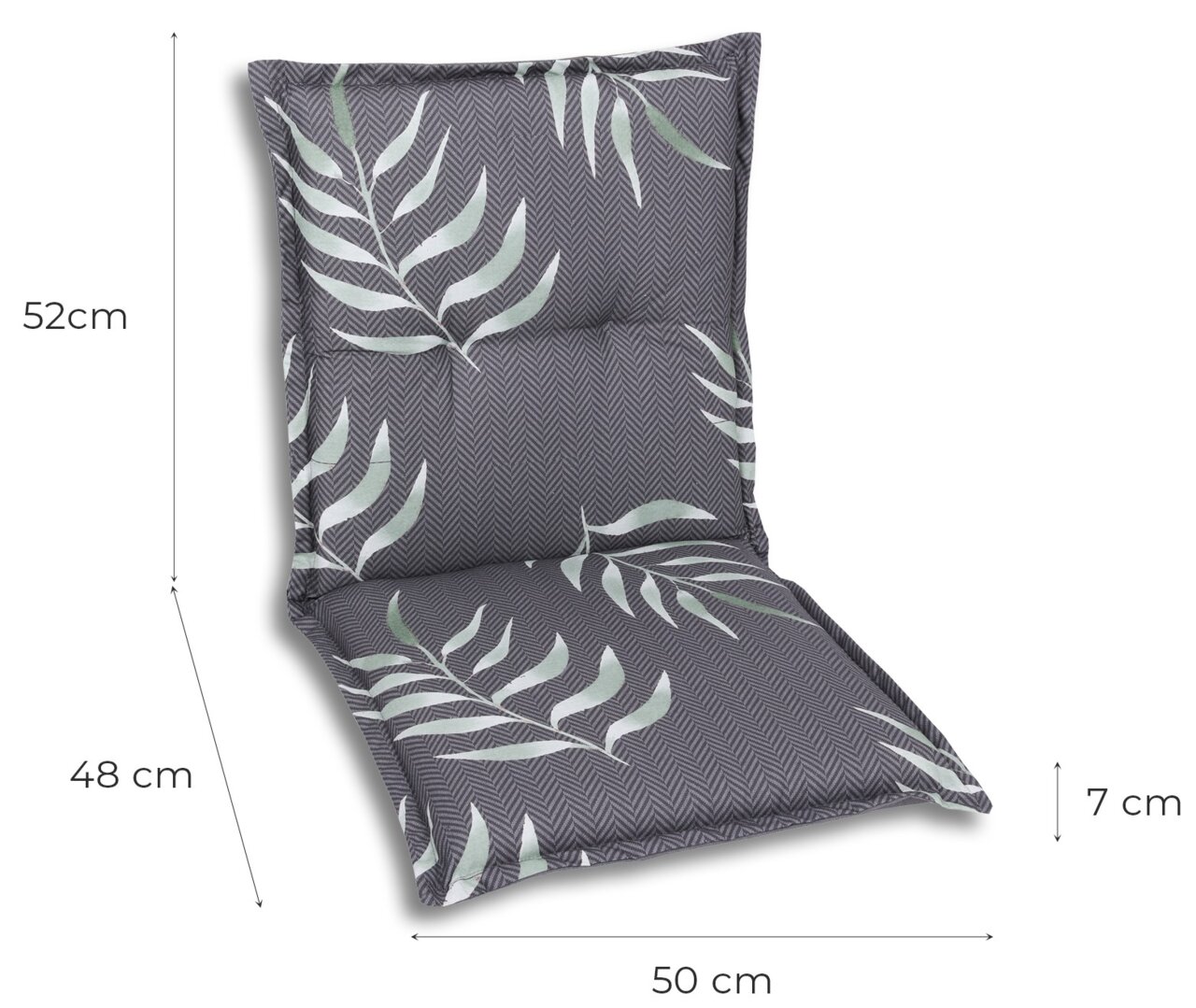 Niederlehnerauflage mit grauem Hintergrund und weißen Blattmustern, seitliche Perspektive