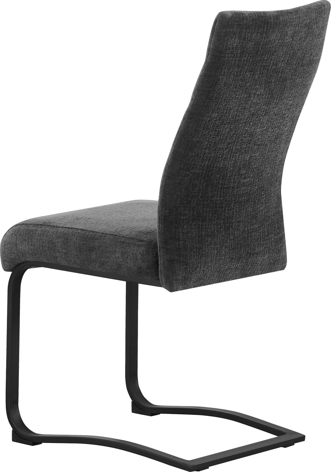 Dunkelgrauer Polsterstuhl mit hoher Rückenlehne und schwarzem Freischwinger-Metallgestell, seitliche Ansicht auf weißem Hintergrund