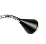 Nahaufnahme einer schwarzen LED-Klemmleuchte mit flexiblem Hals in seitlicher Perspektive.