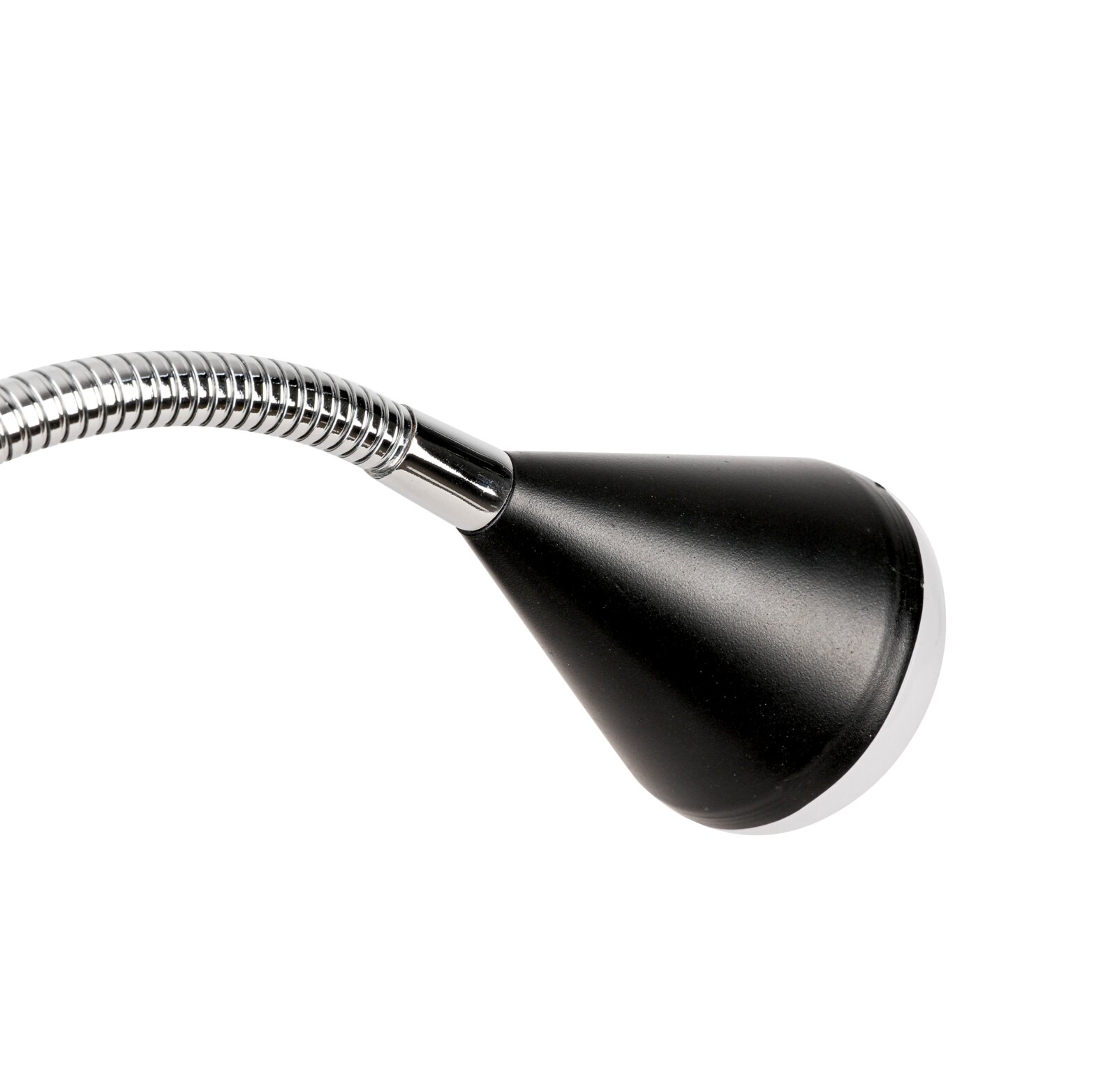 Nahaufnahme einer schwarzen LED-Klemmleuchte mit flexiblem Hals in seitlicher Perspektive.