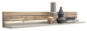 Houten wandplank met decoratieve vazen en boeken, zijaanzicht