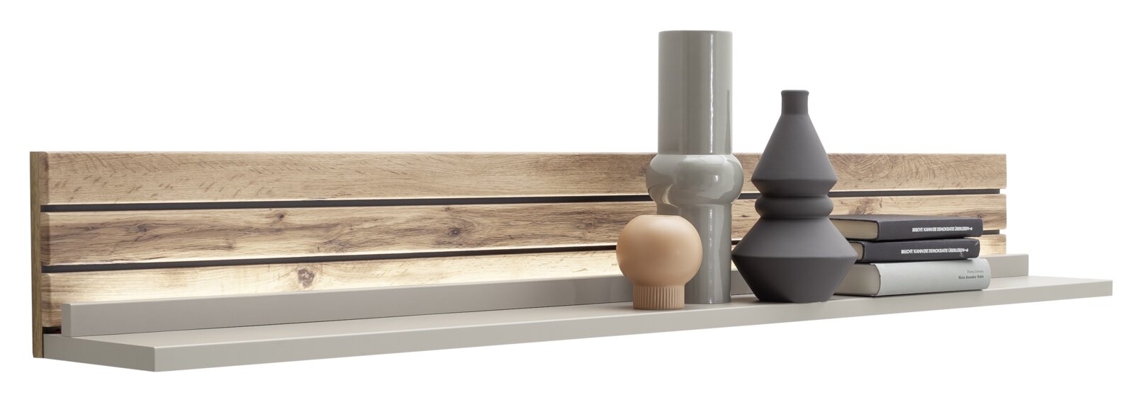 Houten wandplank met decoratieve vazen en boeken, zijaanzicht