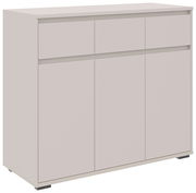 Modernes Sideboard in hellem Holzton mit drei Schubladen und drei Türen, seitliche Perspektive