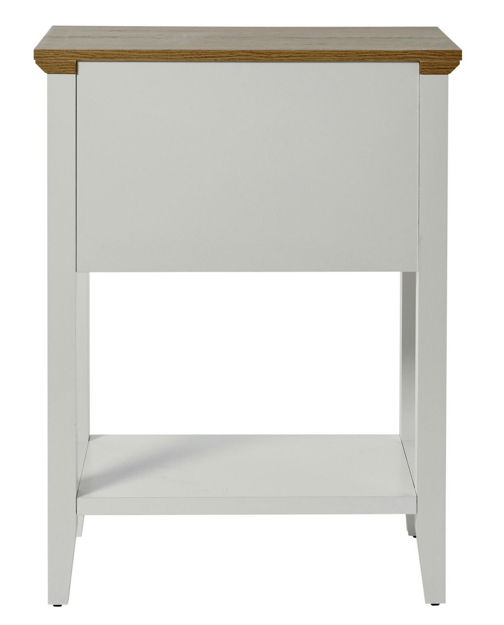 Weißer Beistelltisch mit Holzplatte, frontal betrachtet