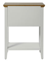 Weißer Beistelltisch mit Holzplatte, frontal betrachtet