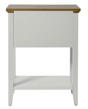 Weißer Beistelltisch mit Holzplatte, frontal betrachtet