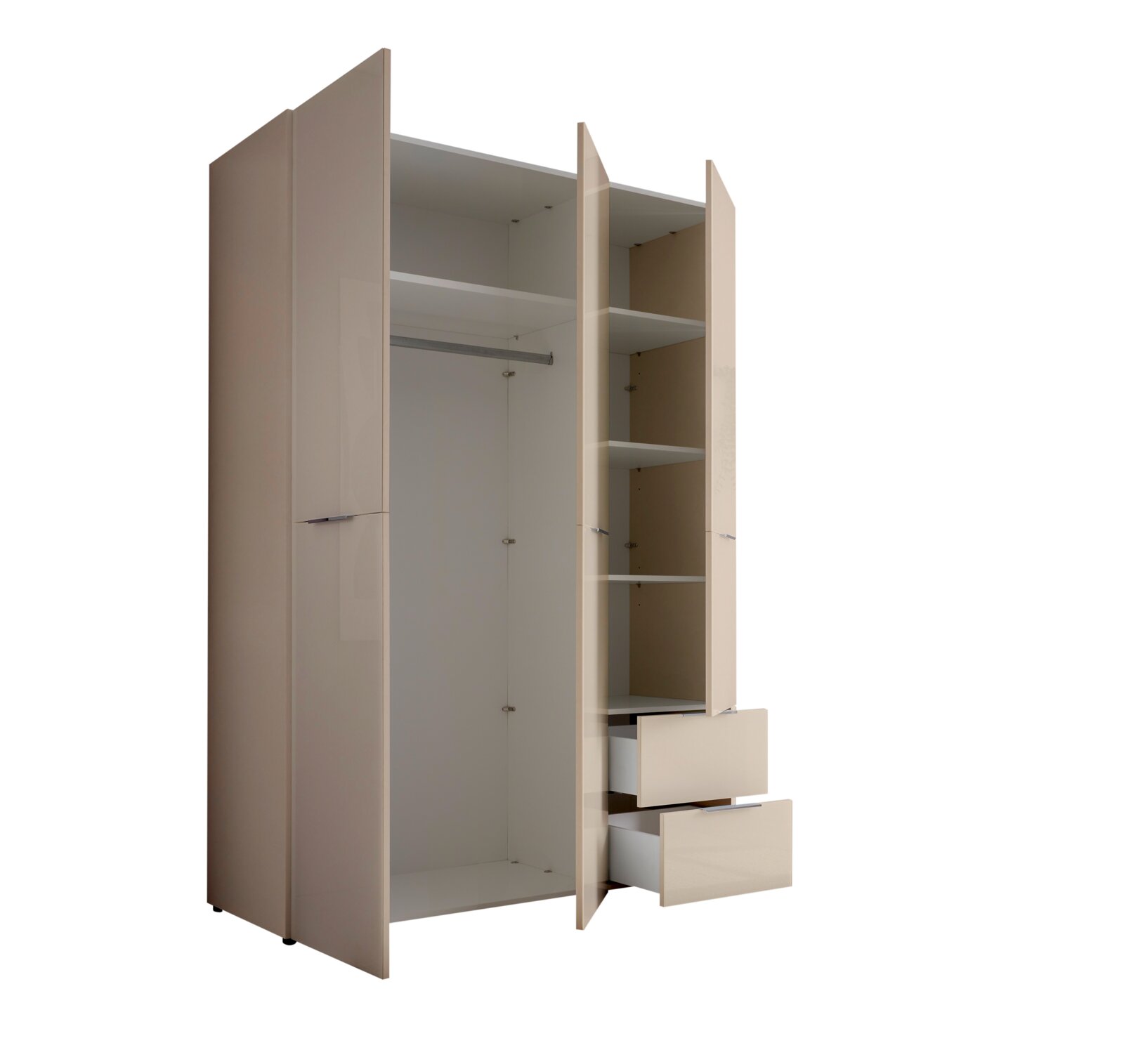Beiger Kleiderschrank mit drei Türen, geöffnet, mit Kleiderstange, Einlegeböden und zwei ausgezogenen Schubladen; Ansicht schräg von vorne links
