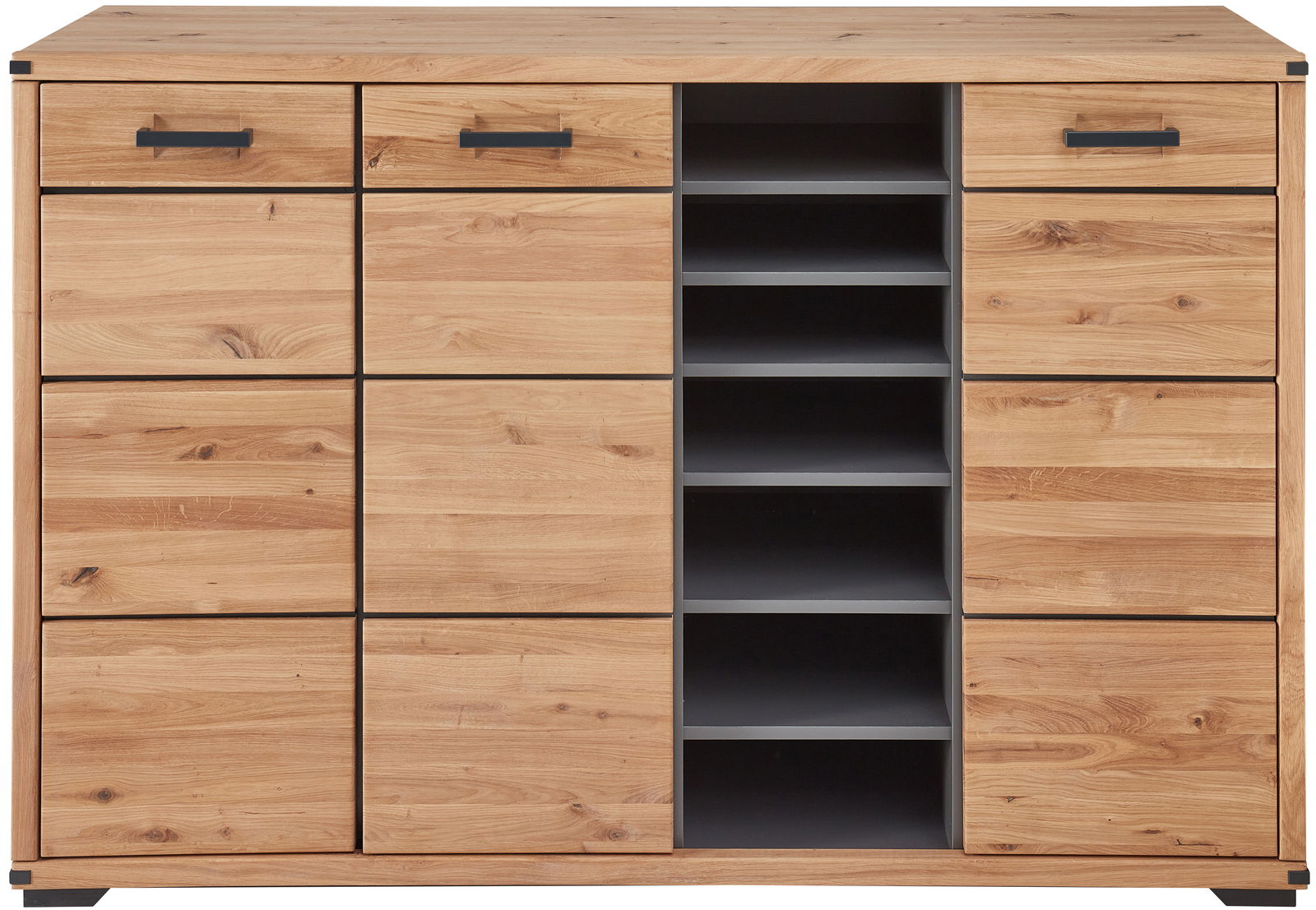 Frontale Ansicht eines XL-Schuhschranks aus Holz mit mehreren Schubladen und offenen Regalfächern in der Mitte.