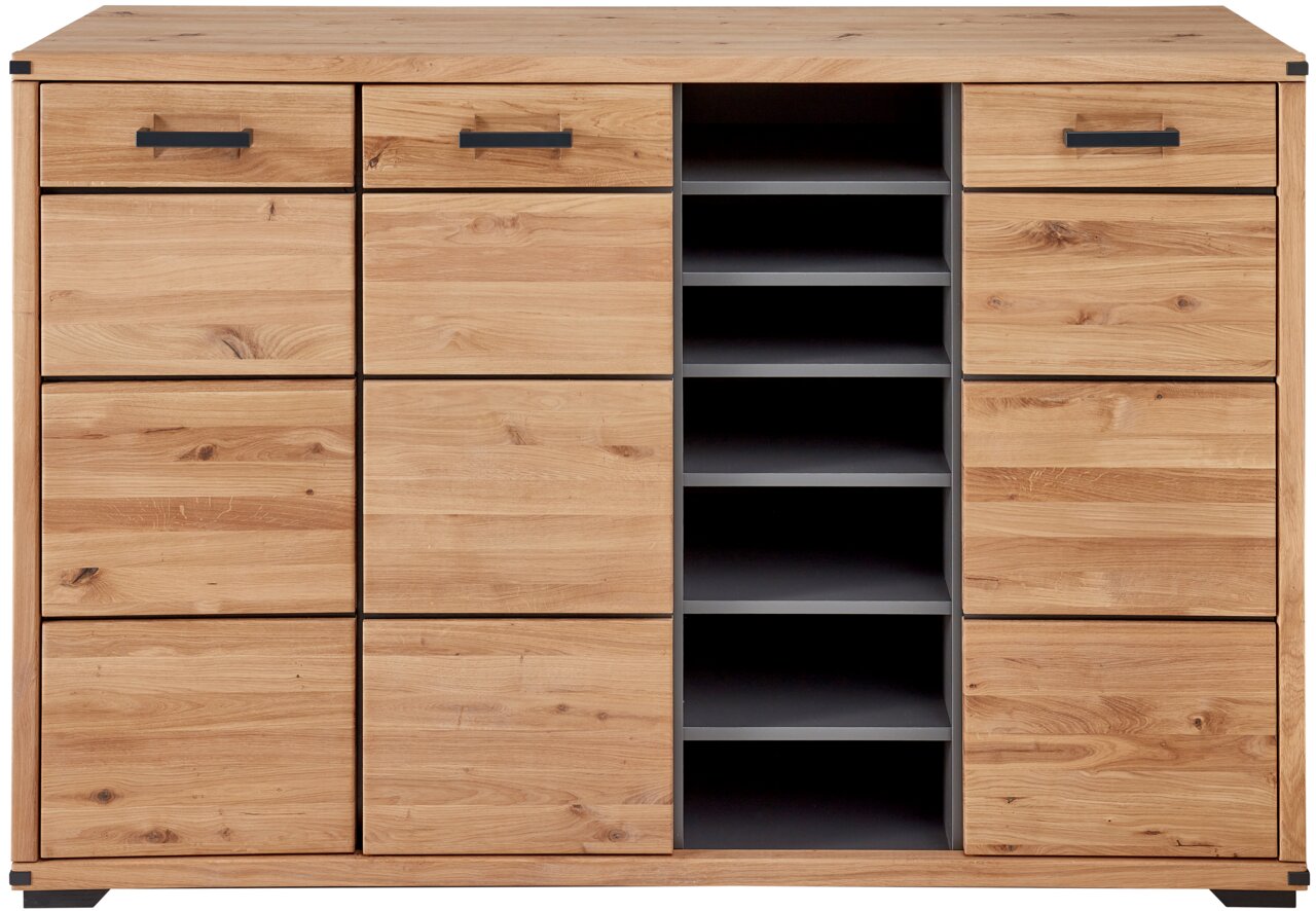 Frontale Ansicht eines XL-Schuhschranks aus Holz mit mehreren Schubladen und offenen Regalfächern in der Mitte.