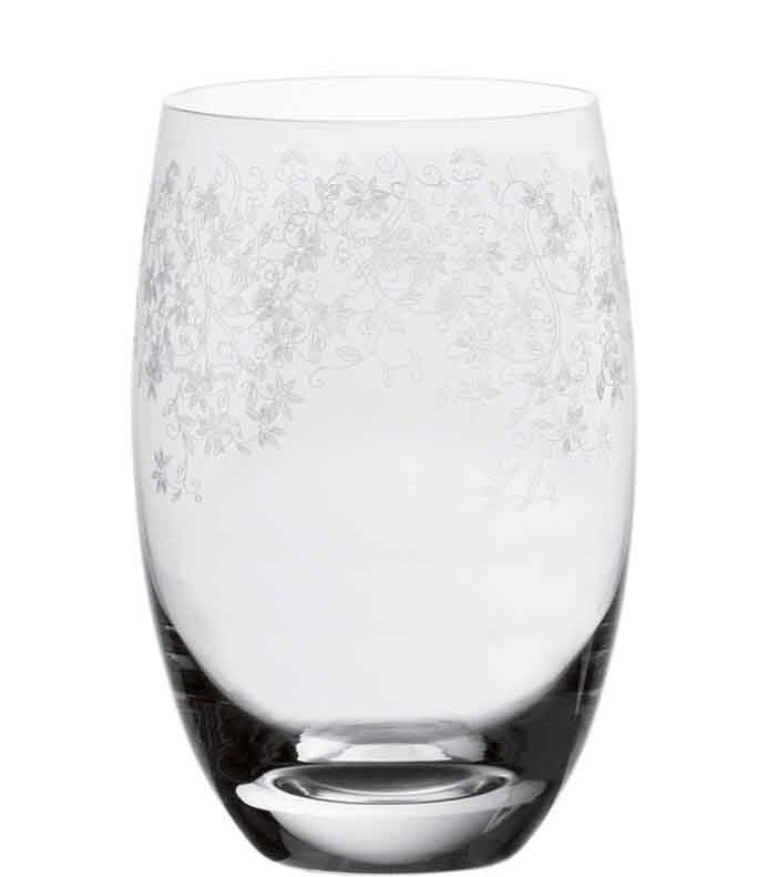 Elegantes Trinkglas Chateau mit feinem floralen Muster, seitliche Perspektive