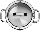 Topf mit Deckel aus Edelstahl, Draufsicht, mit schwarzen Markierungen und zwei Griffen.