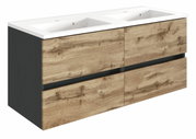 Moderner Waschplatz mit Doppelwaschbecken und Holzoptik, seitliche Perspektive