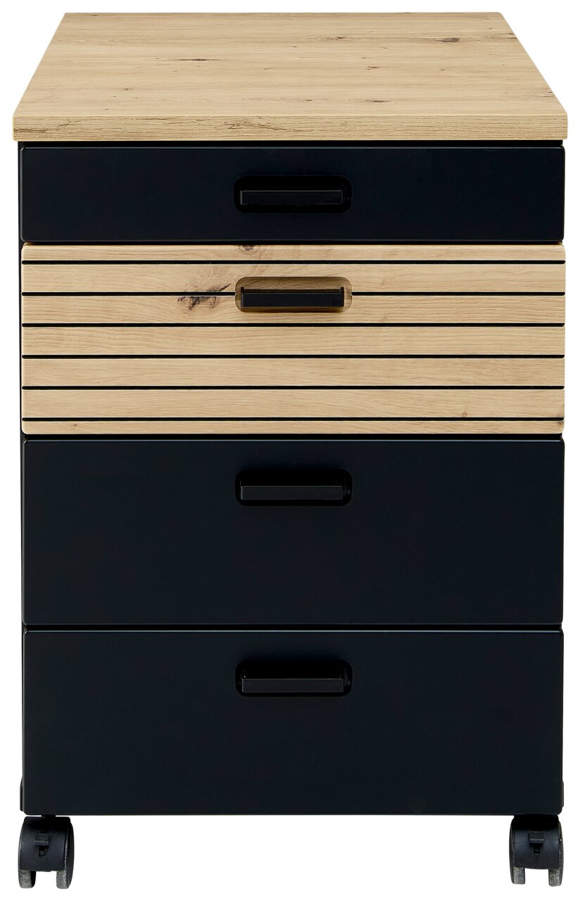 Rolcontainer met houten en zwarte elementen, vooraanzicht